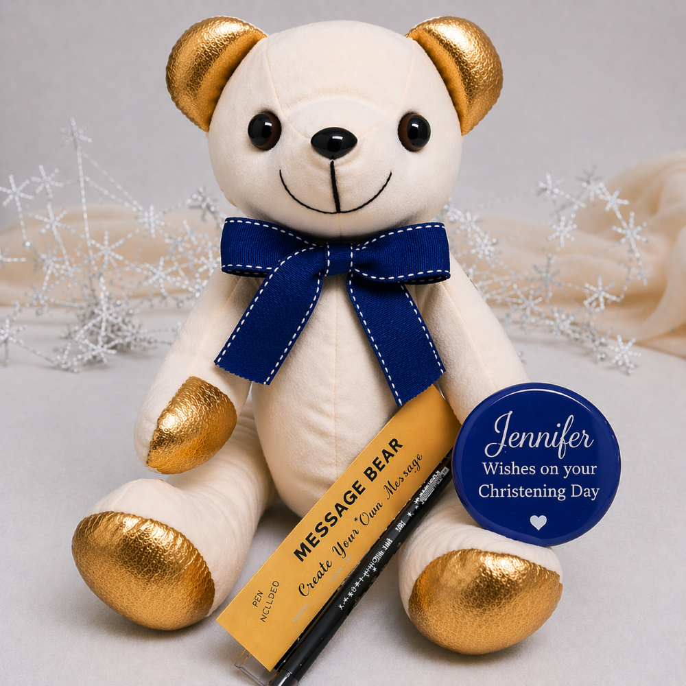 Personalised Signature Bear Gold Accents/Blue Bow Christening Gift with Message on Badge