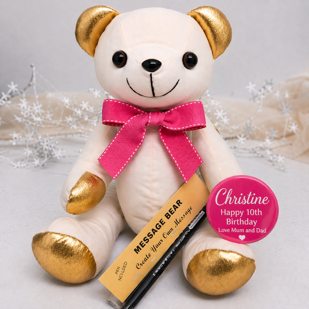 Signature Bear Gold Ears/Pink Bow 10th Birthday with Personalised Badge