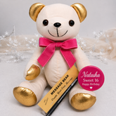 Signature Bear Gold Ears/Pink Bow 16th Birthday Personalised Birthday Badge