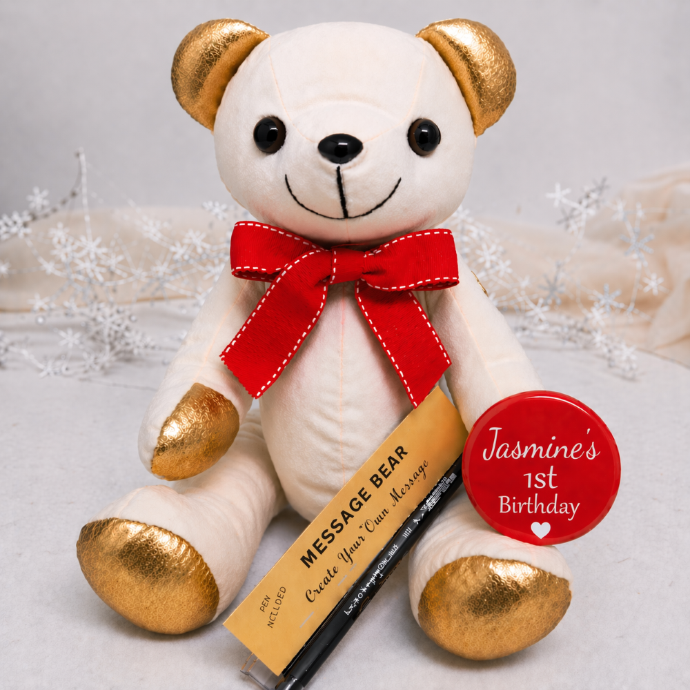 Signature Bear Gold Ears/Red Bow 1st Birthday Personalised Badge