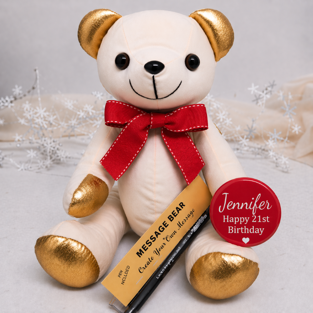 Signature Bear 21st Birthday Gold Ears/Red Bow with Personalised Badge