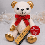 Signature Bear 30th Birthday Personalised Badge Gold Ears/Red Bow