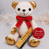 Signature Bear Gold Ears/Red Bow Christening Gift with Personalised Badge