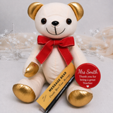 Signature Bear Gold Ears/Red Bow Teacher Gift with Personalised Badge