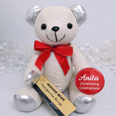 Christening Signature Bear Silver Ears with Red Bow and Personalised Badge