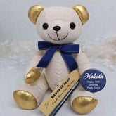 Signature Bear 90th Birthday Personalised Badge Gold Accents/Blue Bow