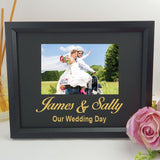 Personalised wedding 6x4 landscape black photo frame with glitter vinyl message – image 1