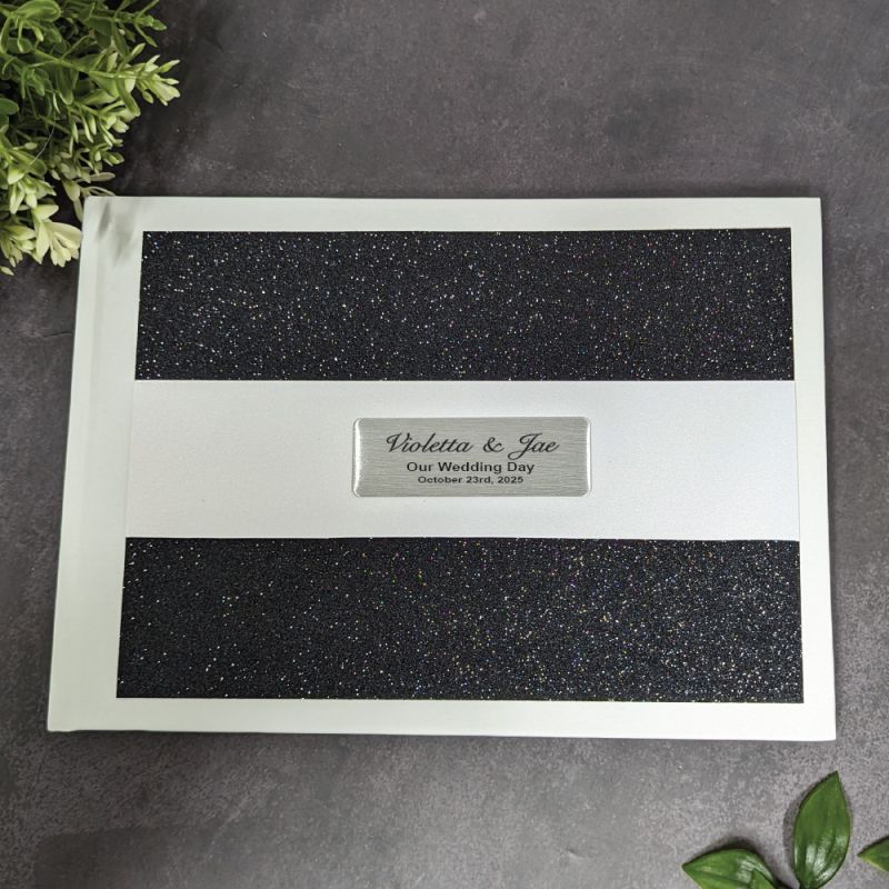 Personalised Wedding White Black Glitter Guest Book with Custom Plaque