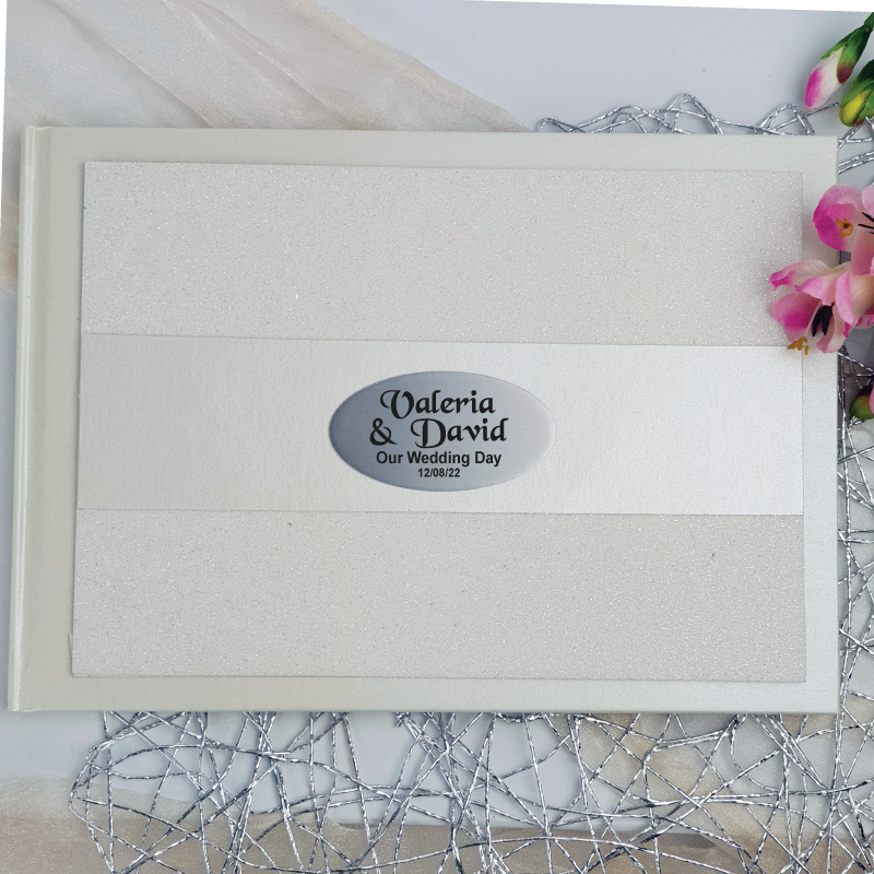 Personalised Cream Glitter Wedding Guest Book with Custom Plaque