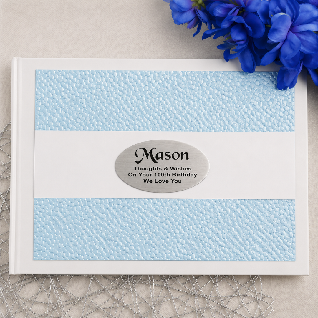 100th Birthday Personalised White & Blue Pebble Guest Book with Custom Plaque