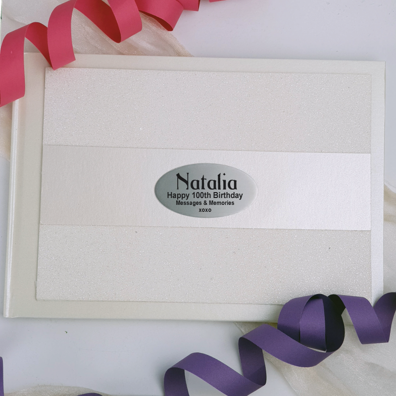 100th Birthday Personalised Cream Glitter Guest Book with Custom Plaque