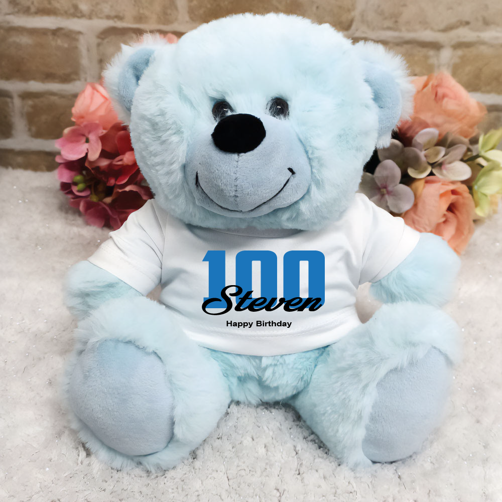 Personalised 100th Birthday Light Blue Bear 23cm with Message Shirt