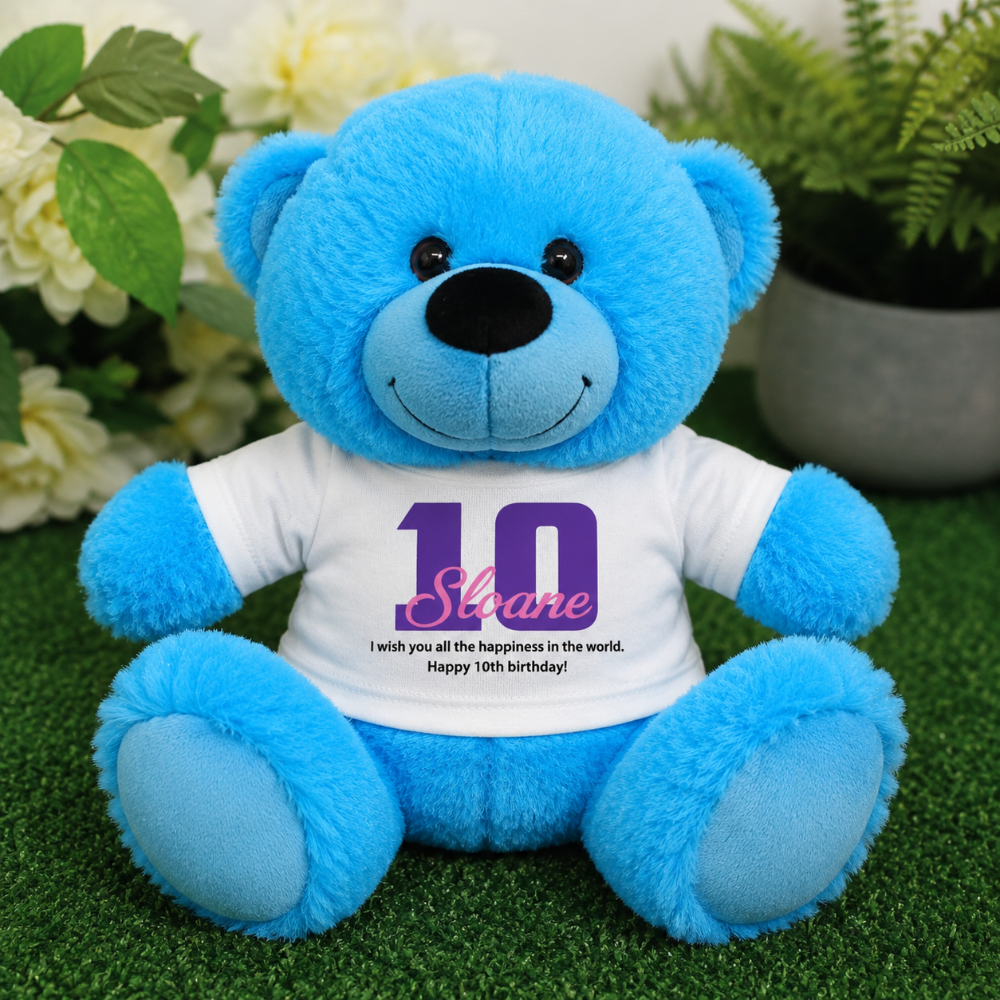 Bright Blue Bear 30cm – Personalised 10th Birthday Shirt