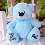 Personalised 40cm Light Blue Bear for 10th Birthday with Message on Feet
