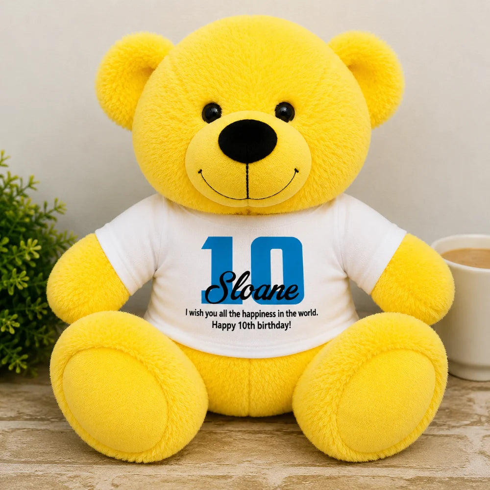 Personalised 30cm Yellow Bear 10th Birthday Message Shirt