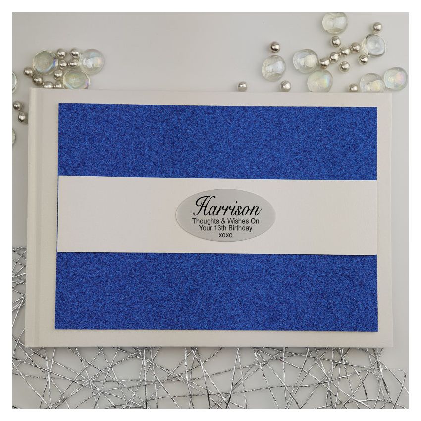 13th Birthday Keepsake Guest Book – White Book with Blue Glitter A5