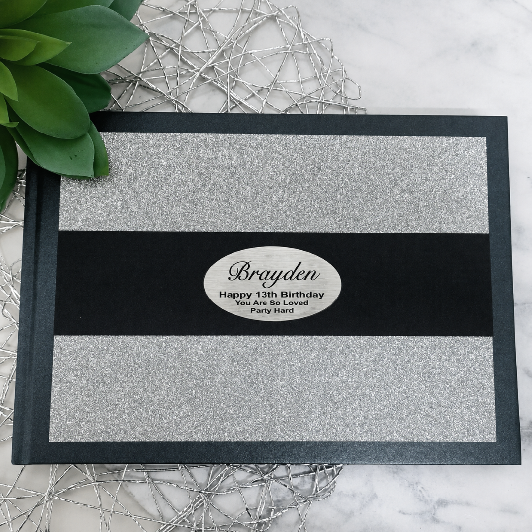 13th Birthday Personalised Black & Silver Glitter Guest Book with Custom Plaque