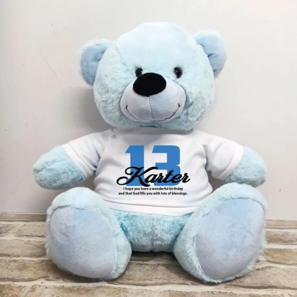 Personalised 40cm Light Blue Bear 13th Birthday Shirt