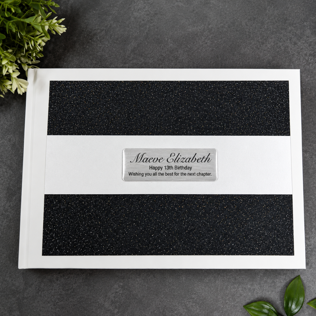 13th Birthday Personalised White Black Glitter Guest Book with Custom Plaque