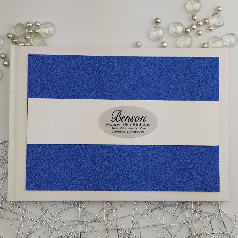 16th Birthday Keepsake Guest Book – White Book with Blue Glitter A5