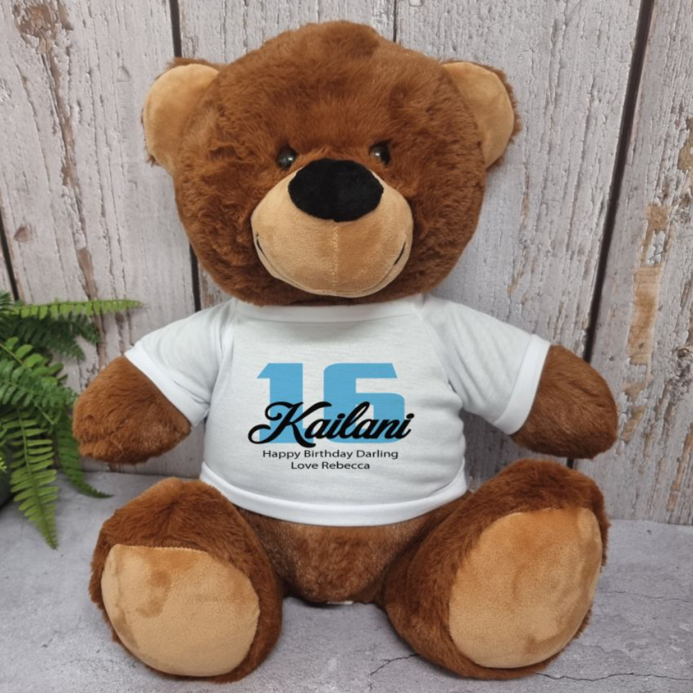 Personalised 40cm Brown Bear 16th Birthday Shirt Message