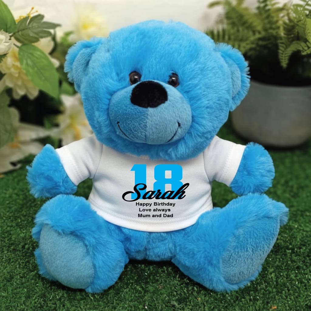 Bright Blue Bear 23cm Birthday with Message on Shirt