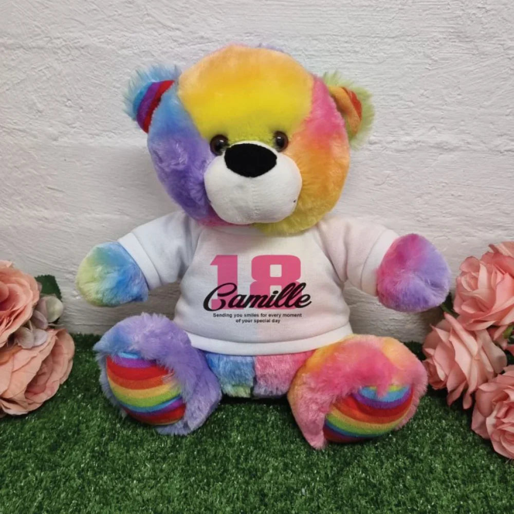 Personalised 40cm Rainbow Bear 18th Birthday with Message on Shirt