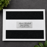1st Birthday Personalised White Black Glitter Guest Book with Custom Plaque