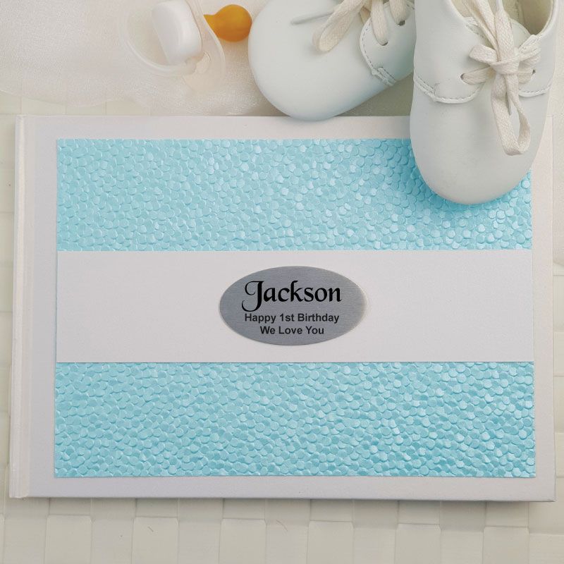 1st Birthday Personalised White & Blue Pebble Guest Book with Custom Plaque