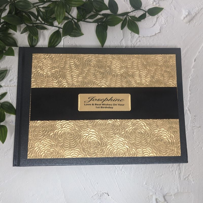 1st Birthday Personalised Black & Gold Guest Book A5 with Custom Plaque