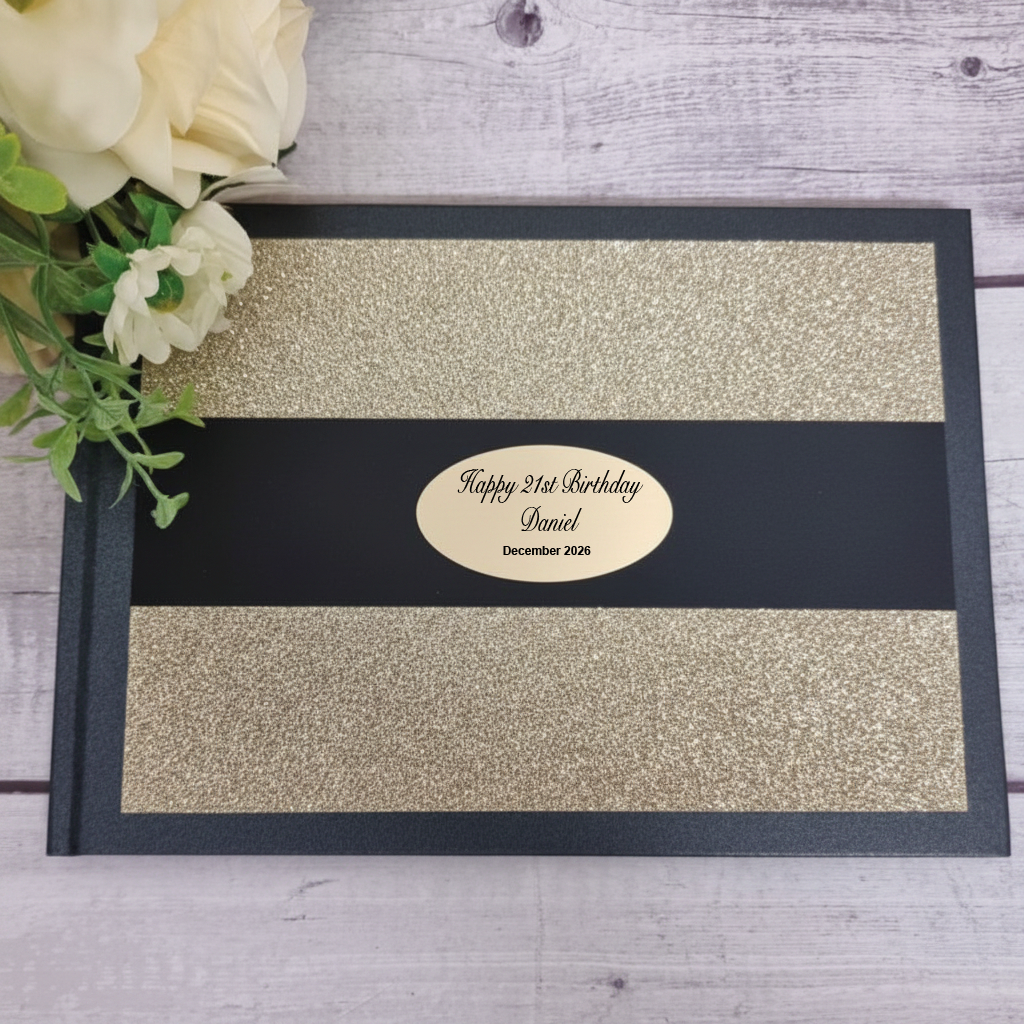 Personalised A5 Gold Glitter Black Band Guest Book for 21st Birthday
