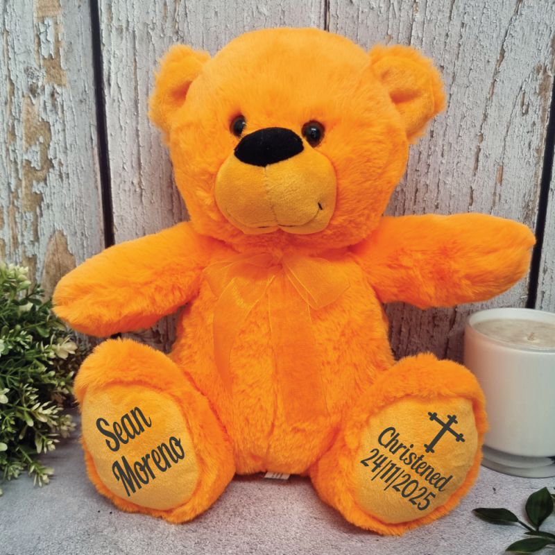 Personalised 30cm Orange Bear Christening Gift with Message on Feet