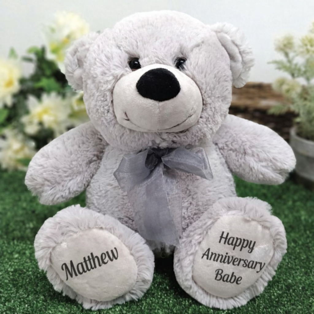 Silver Bear 30cm Anniversary Gift with Message on Feet