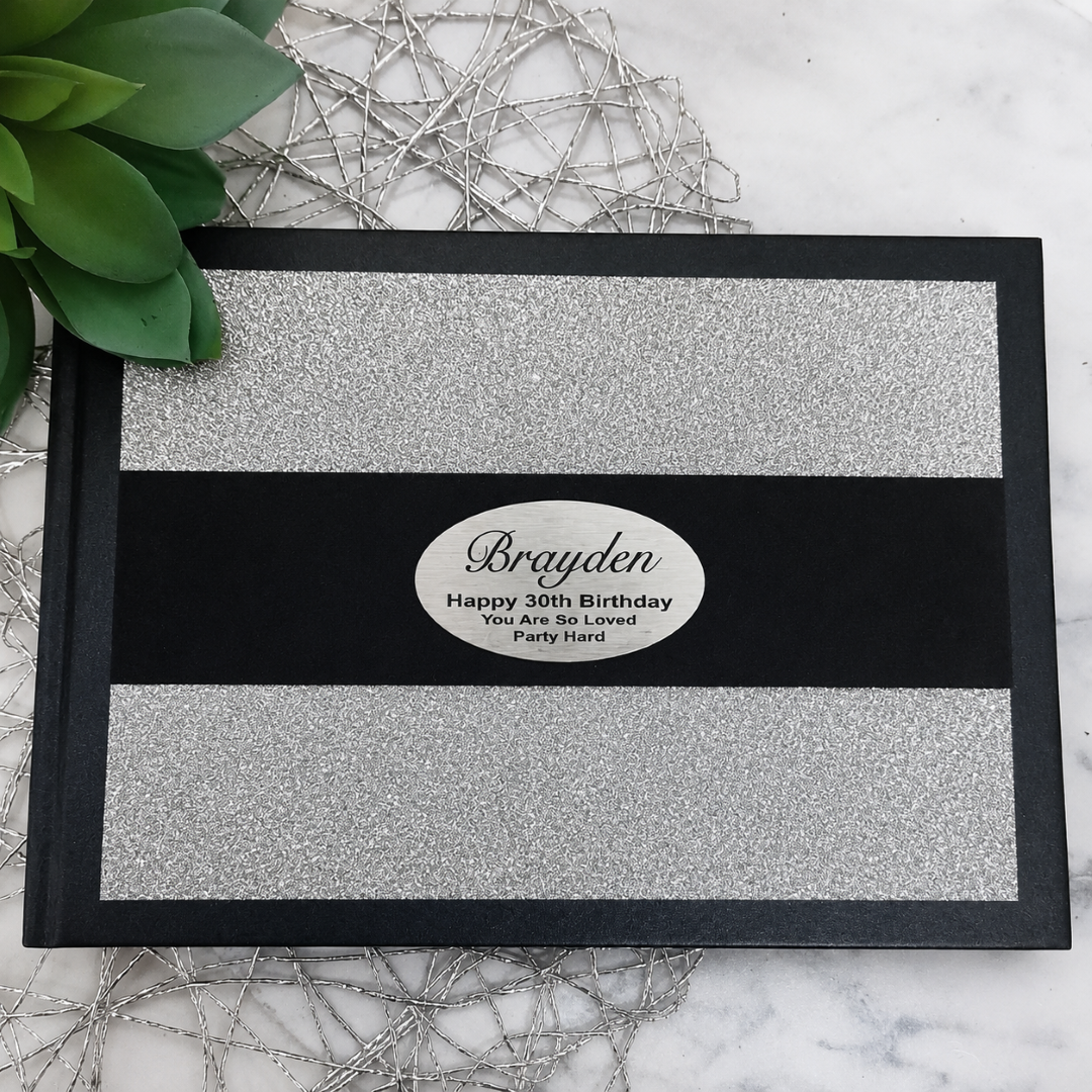 30th Birthday Personalised Black & Silver Glitter Guest Book with Custom Plaque