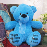 Bright Blue Bear 30cm Birthday Personalised Message on Feet