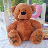 40cm Brown Bear Baby New Born Personalised Message on Feet