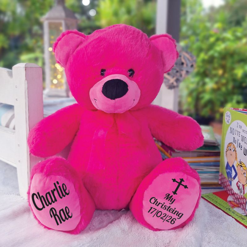 Hot Pink Bear 40cm Christening Personalised Message on Feet