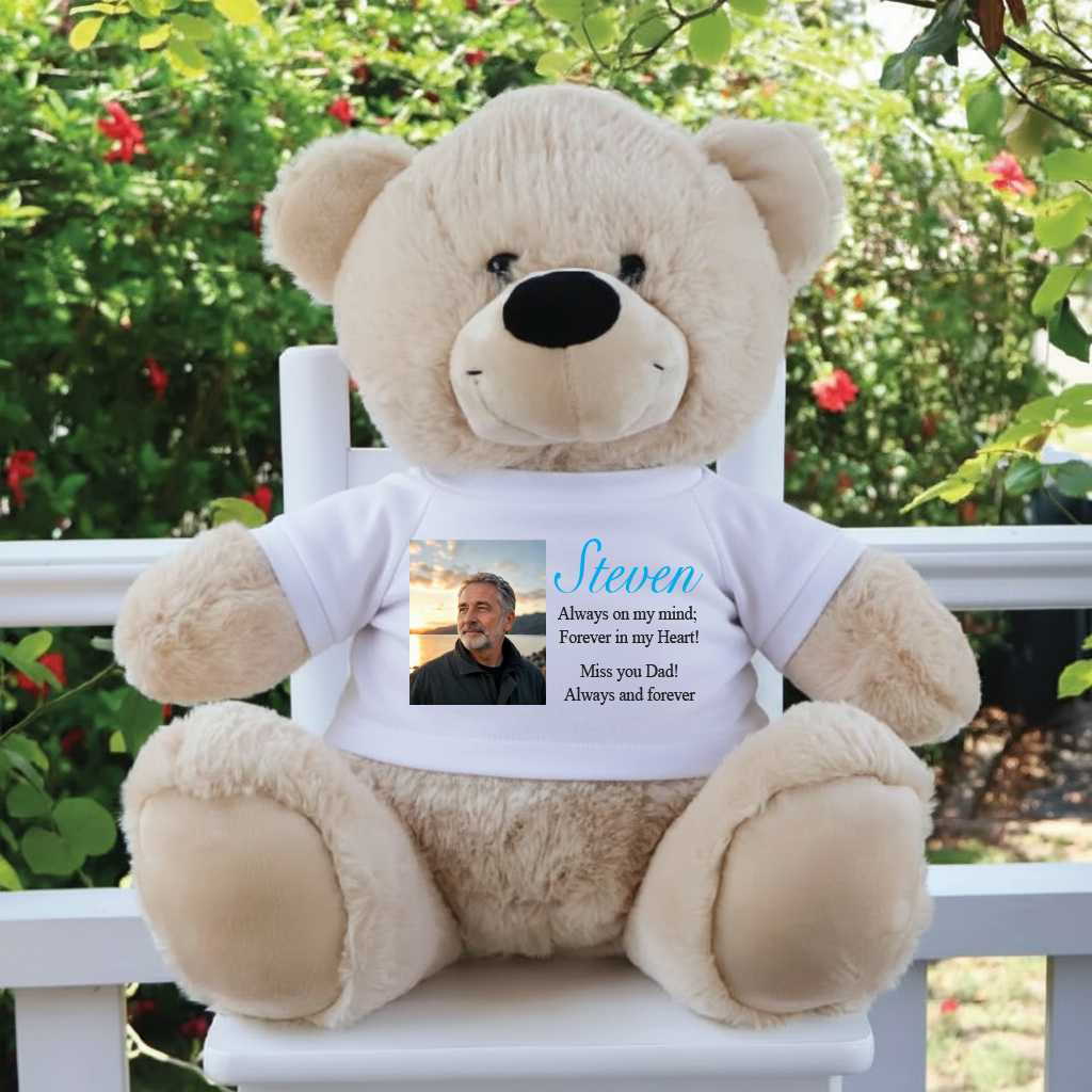 40cm Beige Zipper Bear with Personalised Photo, Message & Recordable Heart - Memorial