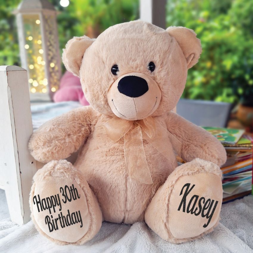 40cm Beige Zipper Bear with Message Recorder Heart – 30th Birthday Personalised Feet