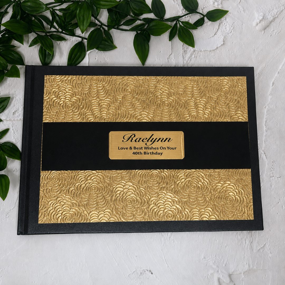 40th Birthday Personalised Black & Gold Embossed Guest Book with Custom Plaque