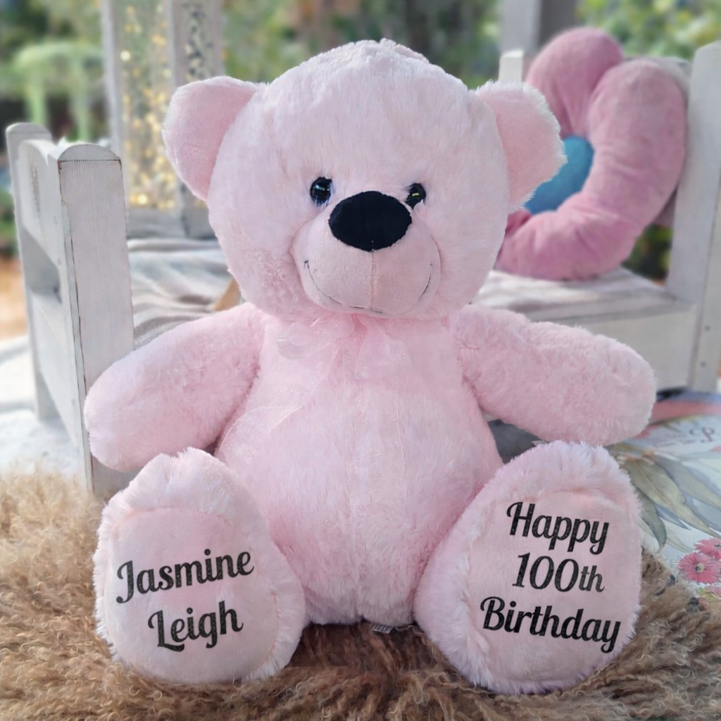 100th Birthday Light Pink Bear 30cm – Personalised on Feet