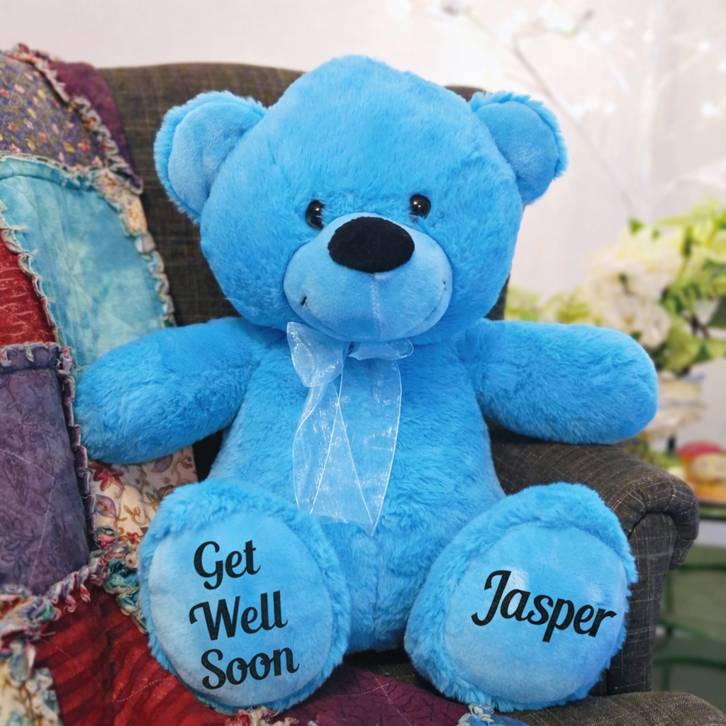 Bright Blue Bear 30cm Get Well Soon Personalised Message on Feet