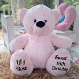 16th Birthday Personalised 30cm Light Pink Bear Message on Feet