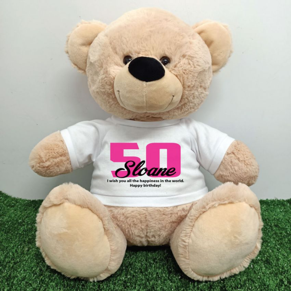 50th Birthday Personalised 30cm Beige Bear with Message on Shirt