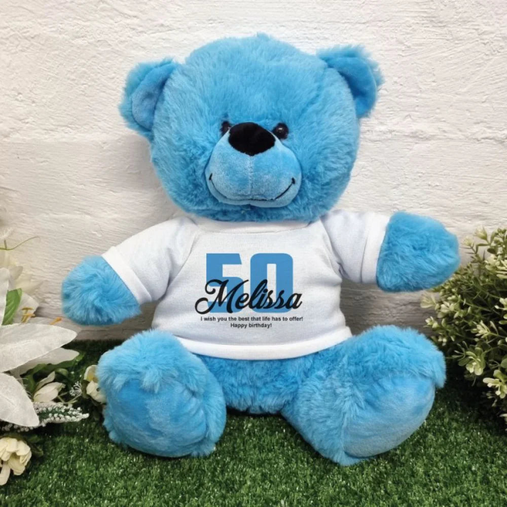 Bright Blue Bear 30cm – 50th Birthday Personalised Shirt