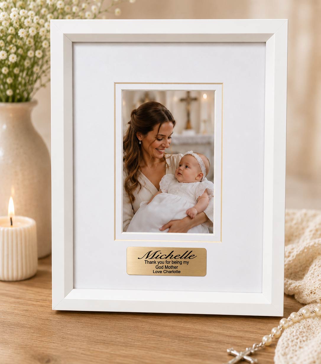 White Photo Frame for Godparents with Personalised Plaque