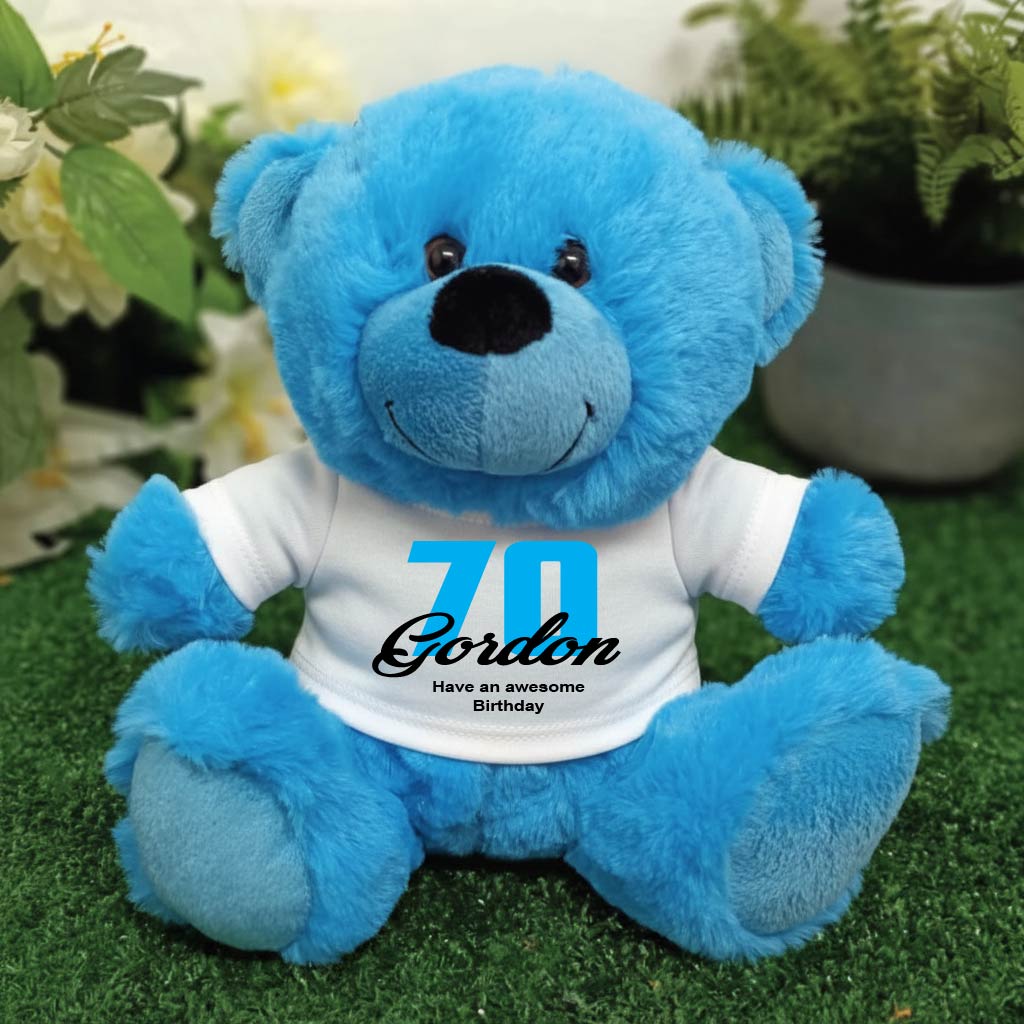 Personalised 23cm Bright Blue Bear 70th Birthday Shirt Message