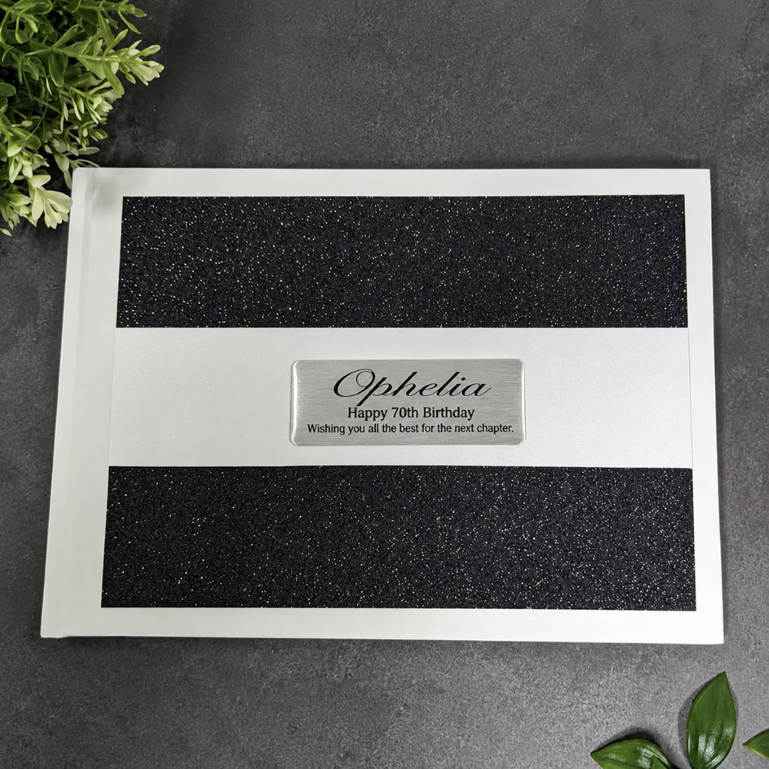 70th Birthday Personalised White Black Glitter Guest Book with Custom Plaque