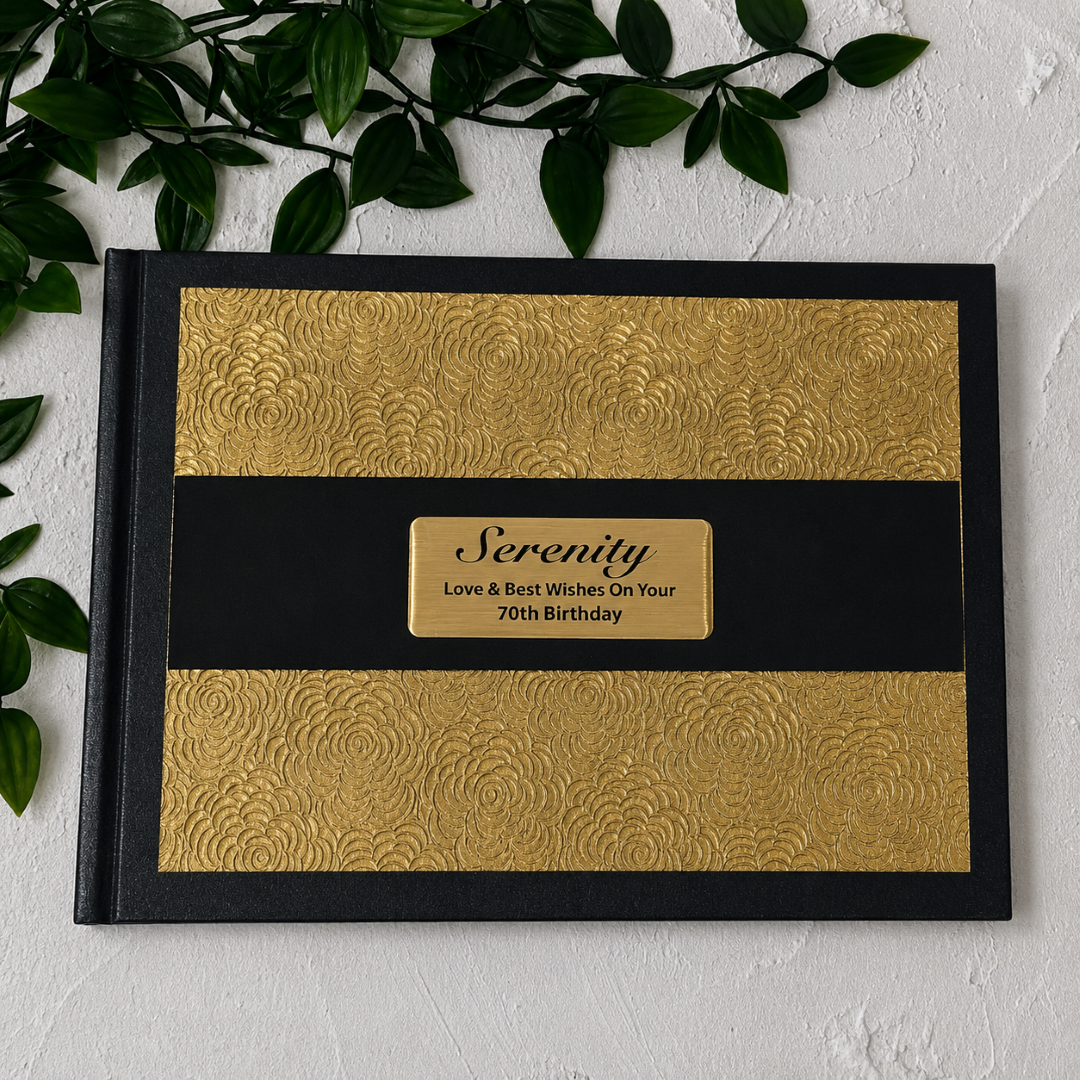 70th Birthday Personalised Black & Gold Embossed Guest Book with Custom Plaque