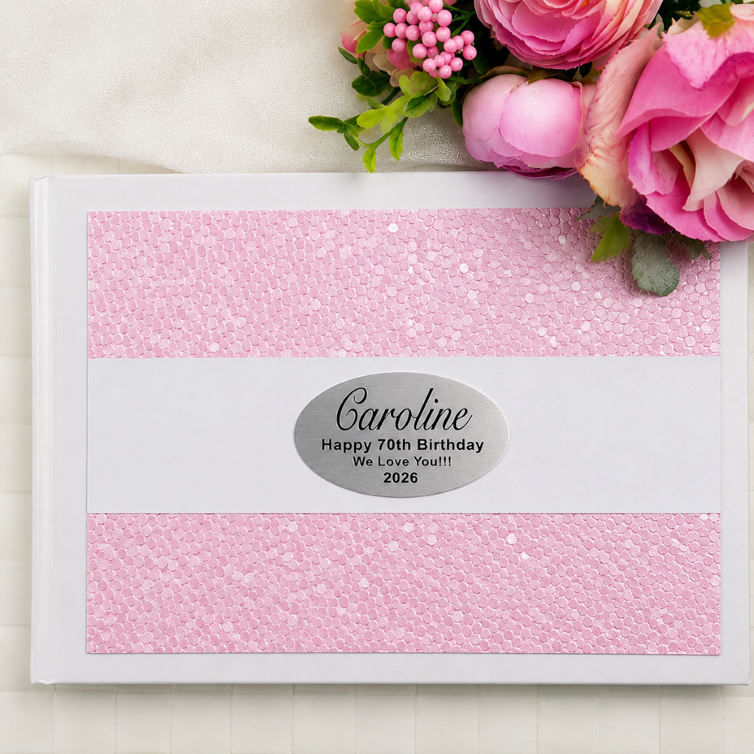 70th Birthday Personalised White Pink Pebble Guest Book with Custom Plaque